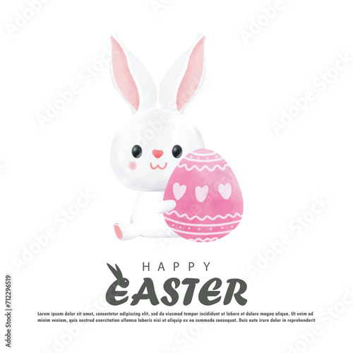 Happy Easter day watercolor. Little Rabbit Bunny cartoon with greeting card. Easter egg festival wallpaper background banner template isolated vector illustration © phanuchat