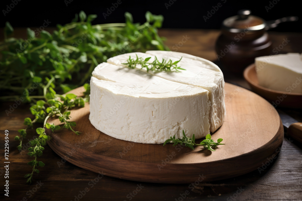 A close up of delicious goat cheese surrounded by fresh green herbs