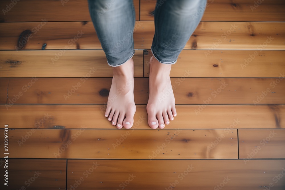 feet standing on a smooth wooden plank floor feet standing on a smooth wooden plank floor