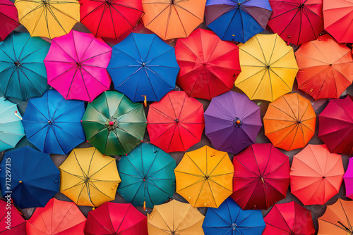 Photo pattern background of evenly  spaced umbrellas in various vibrant colours 