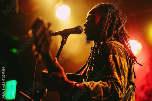 Reggae singer with guitar in dark club