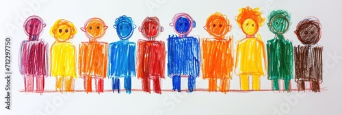 Generative AI, Pencil drawn art by child, naive kids illustration of different multiethnic people, diversity concept on white background	
 photo