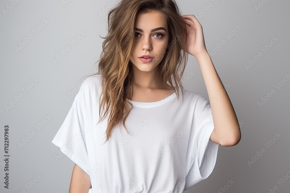 Woman in White Tshirt Mockup created with Generative AI Woman in White Tshirt Mockup created with Generative AI