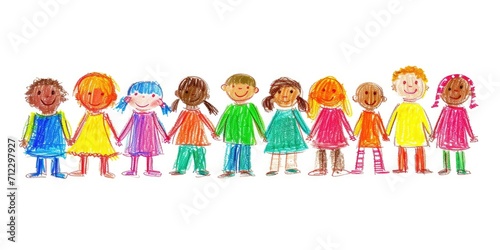 Generative AI, Pencil drawn art by child, naive kids illustration of different multiethnic people, diversity concept on white background 