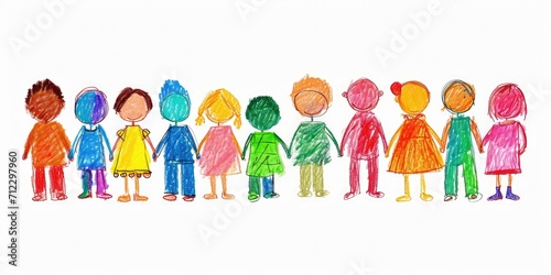 Generative AI, Pencil drawn art by child, naive kids illustration of different multiethnic people, diversity concept on white background 