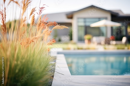 pristine poolside landscaping with ornamental grasses