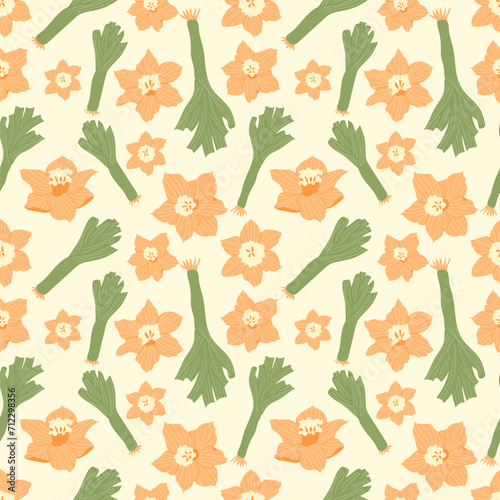 Narcissus flowers and leek seamless pattern