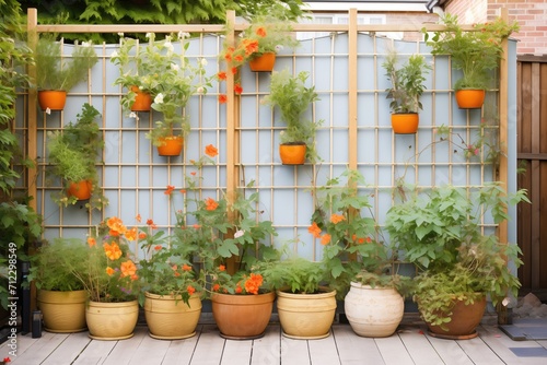 wooden trellis with climbing plants in containers