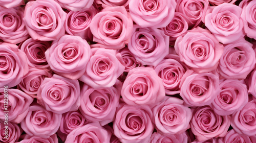 Photo background pattern of tightly packed pink rose heads  in the theme of Valentine s Day 