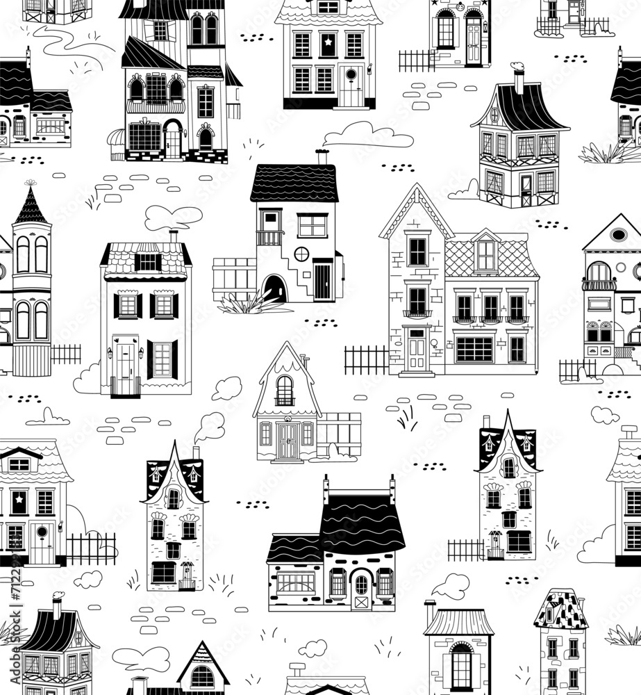 Seamless pattern of line art house cottage vector. Outline Hand drawn town mansion building on white background for print, fabric, wrapping paper, wallpaper, textile, cover