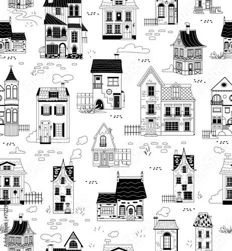 Seamless pattern of line art house cottage vector. Outline Hand drawn town mansion building on white background for print  fabric  wrapping paper  wallpaper  textile  cover