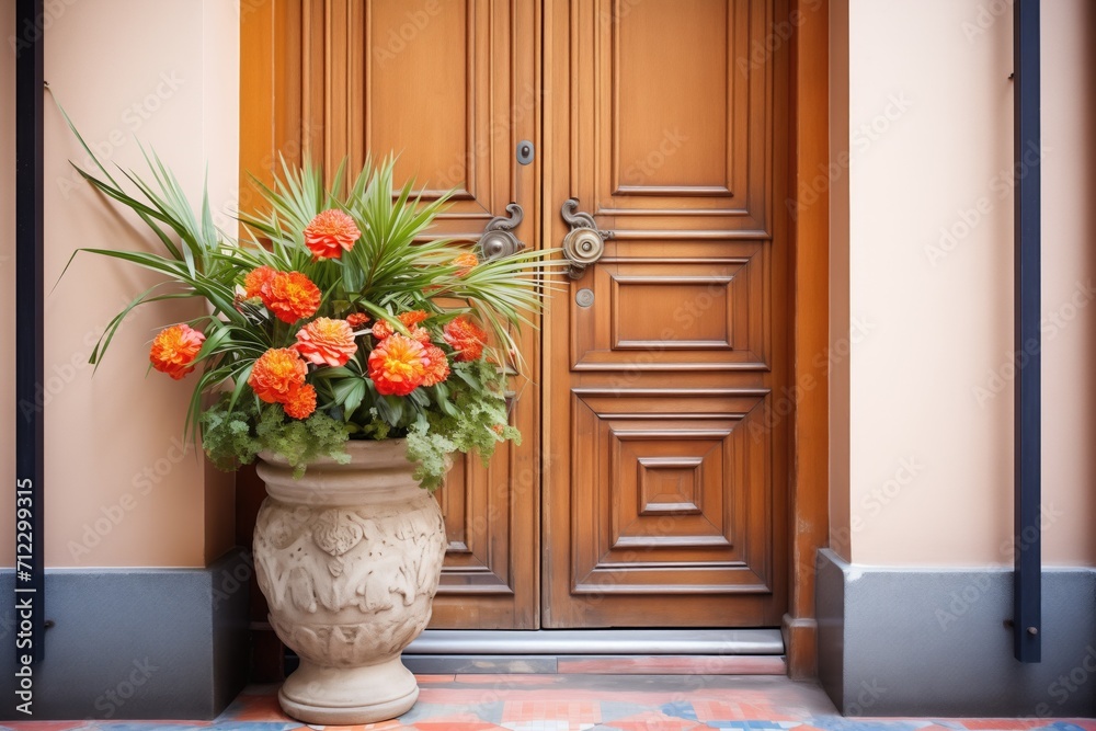 Fototapeta premium ornate wooden door with terracotta pot floral arrangement