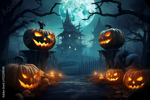 Halloween pumpkin head jack lantern with burning candles, Spooky Forest with a full moon and wooden table, Pumpkins In Graveyard In The Spooky Night - Halloween Backdrop
