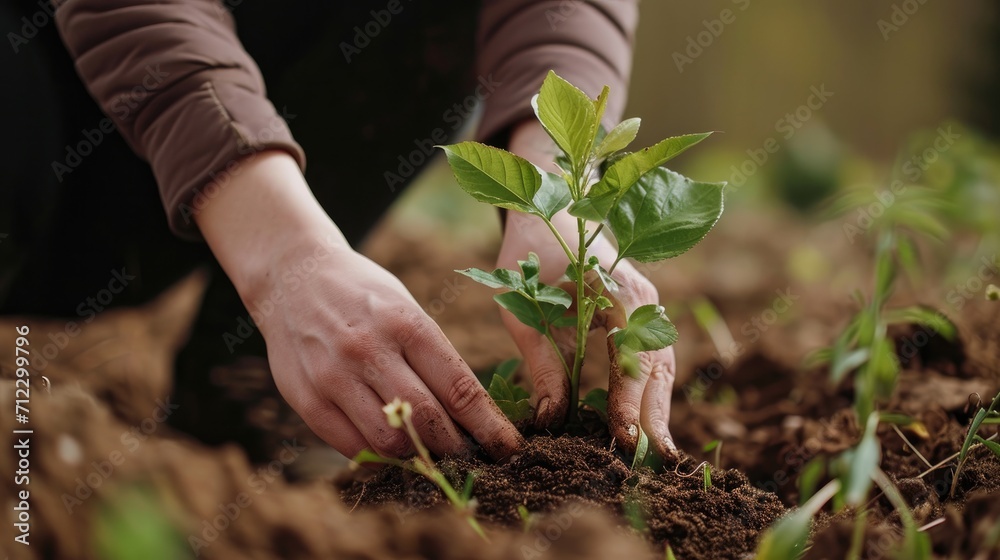 Fototapeta premium Let's plant trees. Let's do something about global warming. A seedling of a tree planted in good soil. Generative AI