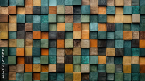 Textured background pattern of different types of wooden squares and vary colours, greens, Brown, orange and pastel blue