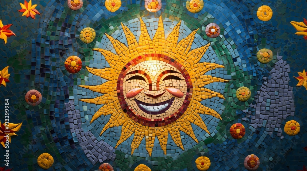 Vibrant happy mosaic sun crafted of yellow ceramic pieces shines against backdrop of blue mosaic pattern, smiling sun pattern symbolizes warmth of sunny day, happiness and positivity