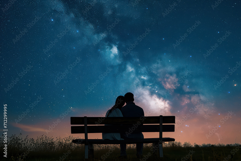 Couple sitting on bench at night looking up at the Milky Way celestial clouds in the sky. Couple sitting on bench at night looking up at the Milky Way celestial clouds in the sky.