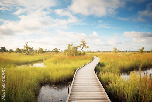 a boardwalk trail winding through a lush wetland reserve photo