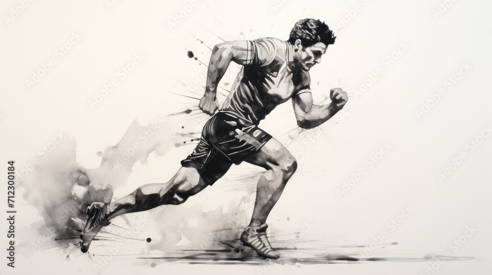 Muscular runner sprinting in black and white with ink washes, depicting movement