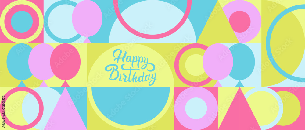 Fototapeta premium Multicolored bright seamless background with circles and arcs. Birthday - hand lettering, texture template for wallpaper and textile. Natural summer mosaic pattern of geometric shapes in trendy style.