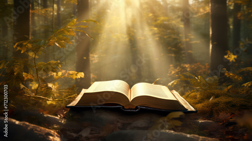 Open religious book in forest with rays of light hitting it from raising ing Sun. 
