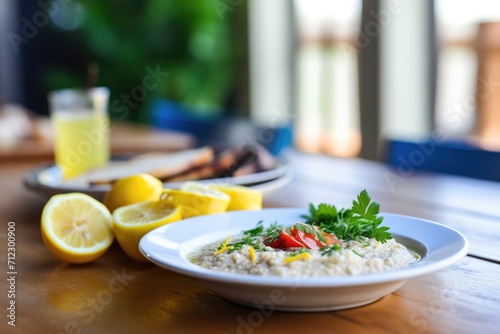 side view of baba ganoush with a lemon wedge on a rustic table