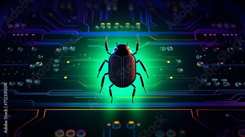 Neon glowing computer bug perched on microchip symbolizing threat of software bugs and elusive nature of zero day vulnerabilities in software security, critical bug in computer software, top view photo