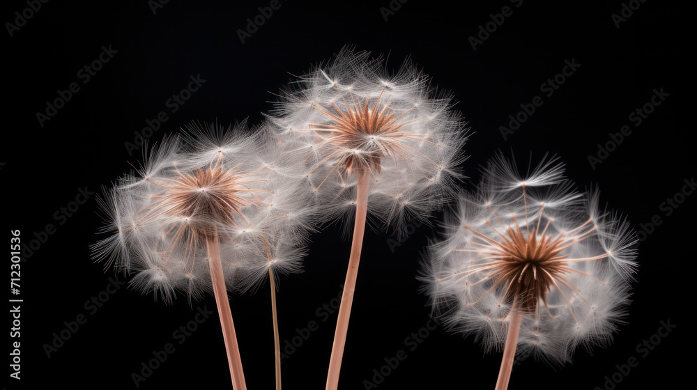 Fototapeta premium Close-up view of dreamy, dandelion heads with soft dark background