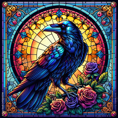 A crow as black as night is embellished with stained glass