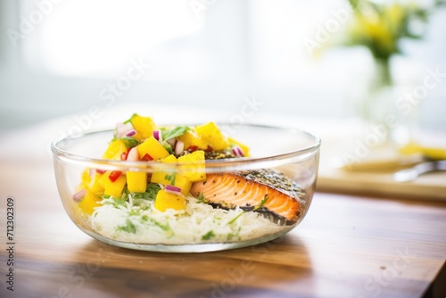 baked salmon with a mango salsa in a glass bowl