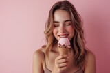Yearold Woman Eats Chocolate Ice Cream In On Pastel Background Minimal Style High Stock Style. Сoncept Minimalist Desserts, Colorful Ice Cream, Pastel Aesthetics, High Stock Photography