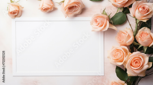 Fototapeta Naklejka Na Ścianę i Meble -  Peach coloured roses surrounding empty space for message, in the theme of 'love'