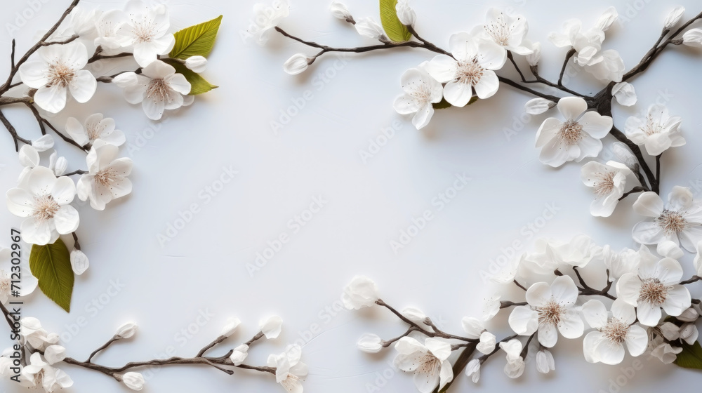 Aesthetic background frame with tender white spring flowers. Copy space. Invitation or greeting concept. Generative AI