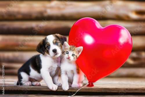 Adorable Puppy And Kitten Pose With A Heart Balloon Lovefilled Valentines Scene. Сoncept Nature-Inspired Maternity Photoshoot, Urban Street Style Fashion, Dramatic Black And White Portraits photo