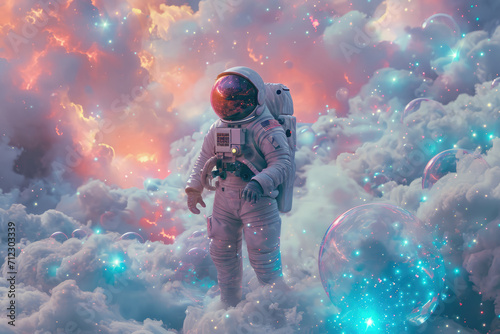 Exploring A Vibrant Bubble-Filled Galaxy: Astronaut Discovers Pop Art Inspiration On A Distant Planet. Сoncept Bubble-Filled Galaxy, Pop Art Inspiration, Distant Planet, Astronaut, Vibrant Exploration