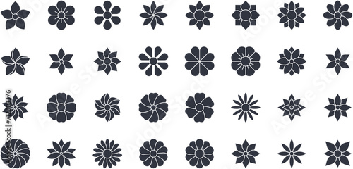 Vector black silhouette flowers icons. Set of buds editable stroke. Various spring and summer blossom flowers. Rose, sunflower, forget-me-not, chamomile. Stock illustration on white background
