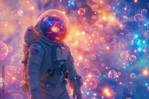 Astronaut Exploring A Vibrant Bubblefilled Galaxy On A Distant Planet Pop Art Inspiration. Сoncept Space Travel, Vibrant Galaxies, Bubble-Filled Planets, Astronaut Exploration, Pop Art Inspiration