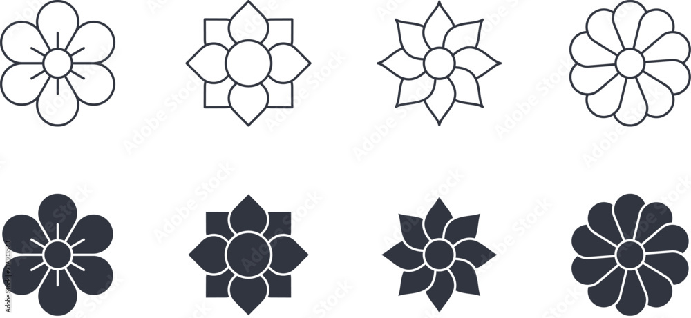 Vector line and silhouette flowers icons. Mini set of buds editable stroke. Various spring and summer blossom. Rose, lotus, sunflower, forget-me-not, chamomile. Stock illustration on white background - obrazy, fototapety, plakaty 