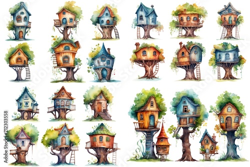 watercolor cartoon illustration collection set, cute treehouse in garden, isolated on white background, idea for sticker and junk journal clipart, Generative A © QuietWord