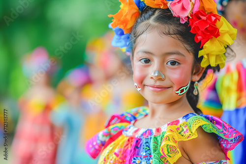 Child participating in the festivities with traditional Mexican clothes, people concept, generative ai