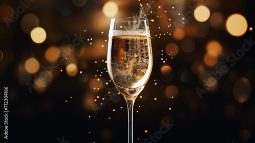 Coupe de champagne, célébration et fête. Ambiance festive, nouvel an, anniversaire. Pour conception et création graphique.	 photo
