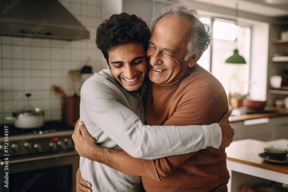 An Indian ethnic young man affectionately hugs his father at home An Indian ethnic young man affectionately hugs his father at home