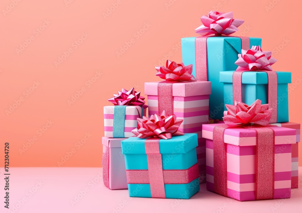 Fototapeta premium wrapped pink and blue gift boxes on a pink background. Valentine, birthday or Mother's day concept. Generative AI