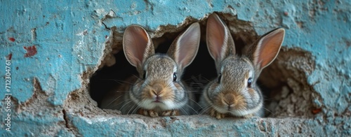 two easter bunnies peeking through a hole in a blue wall. Easter concept. Generative AI © Miss V