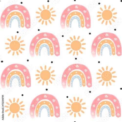 Cute hand drawn watercolor rainbows and sun seamless pattern illustration