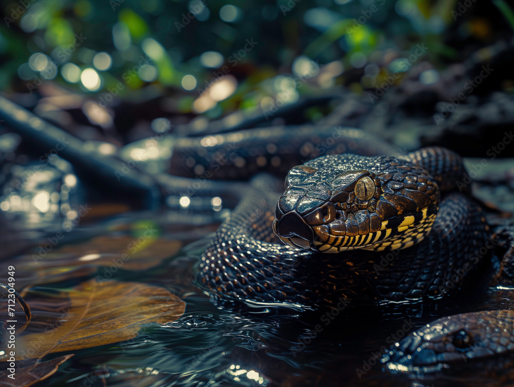Fototapeta premium Black snake by the water in the jungle