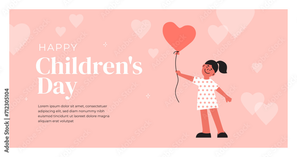 Happy Childrens day design template. Smiling girl holding heart shaped balloon. Joyful child playing favorite toy. Web banner, greeting card, childhood poster. Kid leisure activity vector illustration Happy Childrens day design template. Smiling girl holding heart shaped balloon. Joyful child playing favorite toy. Web banner, greeting card, childhood poster. Kid leisure activity vector illustration