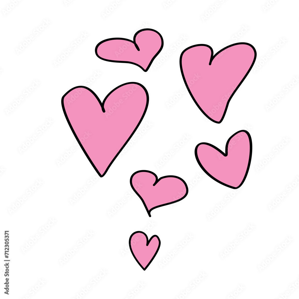 Set of pink hearts in doodles style on white background. Vector hand drawn clip art, decoration for Valentine's day, love romantic design