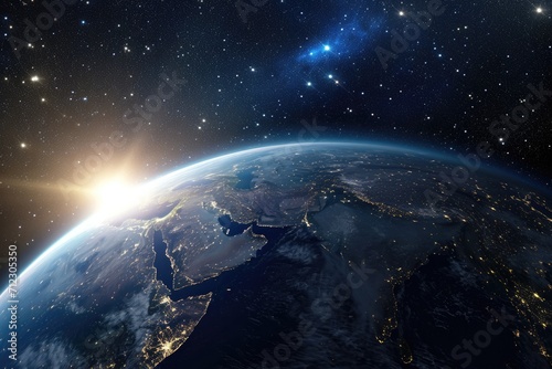 Captivating 3D Render Showcasing Planet Earth's Radiance Against The Night Sky. Сoncept Stunning Night Sky, Planet Earth 3D Render, Radiant Earth, Captivating Visuals