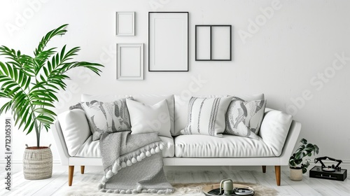 A minimalist living room Scandinavian style interior with a white sofa, white and gray colors photo